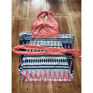 Boho Geometric Print Halter Maxi Dress Coral Blue White Summer Vacation Resort
